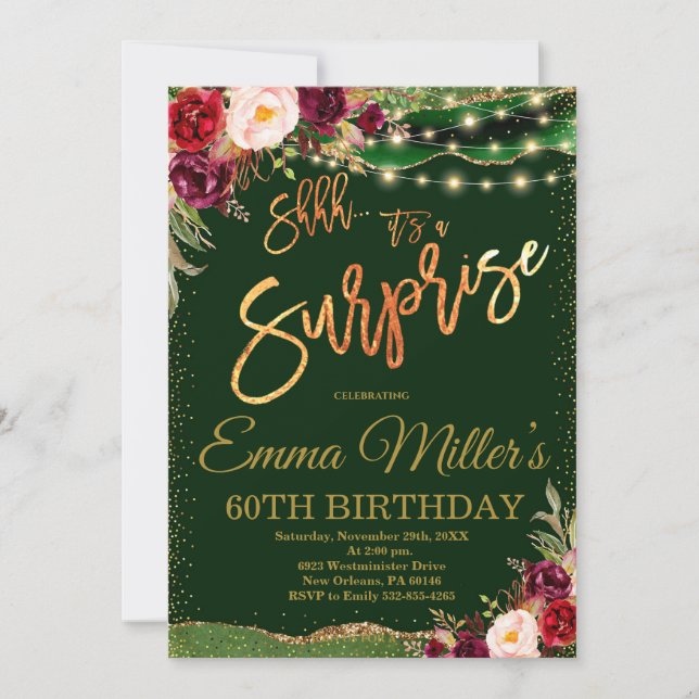 Invitación Fiesta de la cena de cumpleaños verde real (Anverso)