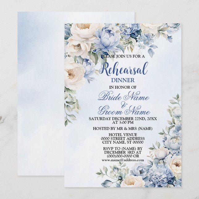 Invitación Fiesta de la cena de ensayo Flores de marfil azule (Anverso / Reverso)