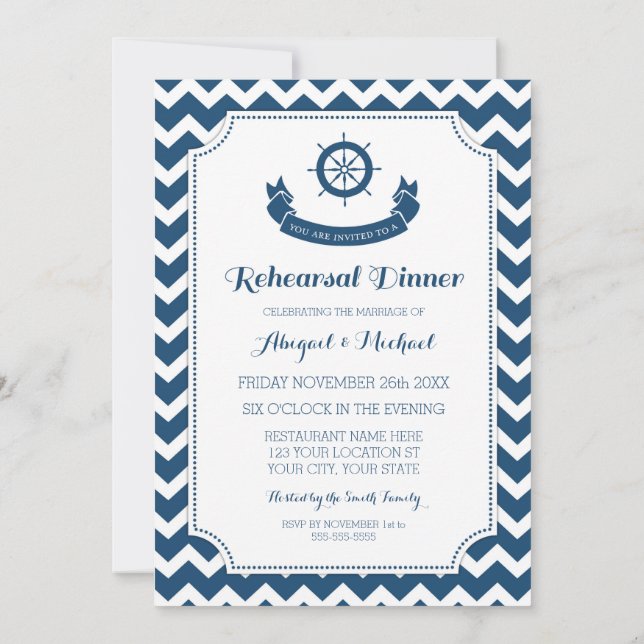Invitación Fiesta de la cena de ensayo náutico azul (Reverso)