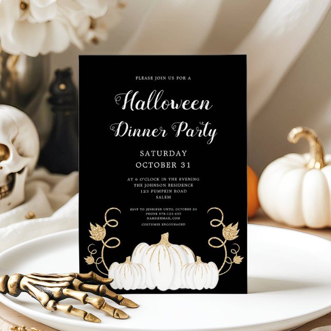 Invitación Fiesta de la cena de Halloween con calabaza negra (Cute Black Pumpkin Halloween Dinner Party Invitation)