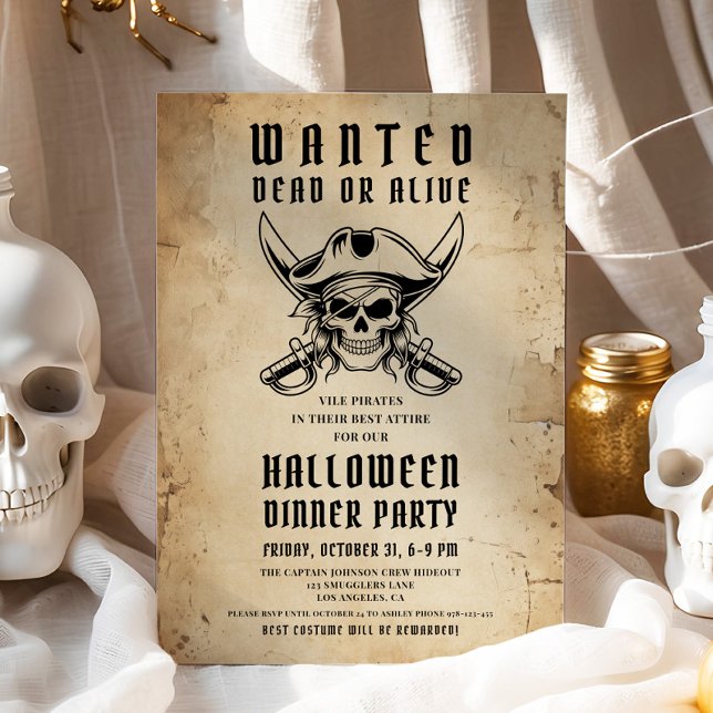 Invitación Fiesta de la cena de Halloween con el cráneo pirat (Vintage Pirate Skull Halloween Dinner Party Invitation)
