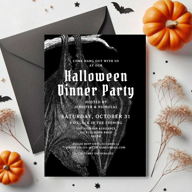 Invitación Fiesta de la cena de Halloween de los murciélagos  (Gothic Vintage Bats Halloween Dinner Party Invitation)
