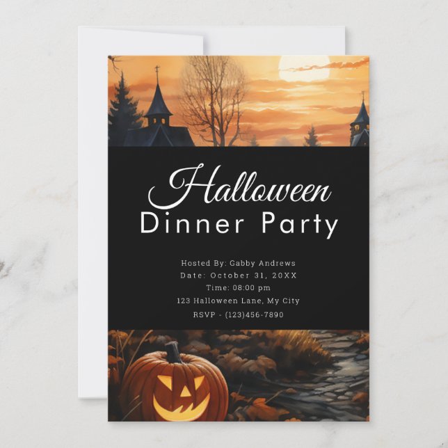 Invitación Fiesta de la cena de Halloween en la luna llena de (Anverso)