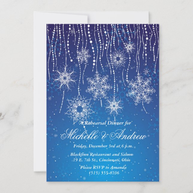 Invitación Fiesta de la cena de invierno Royal Blue Glam Snow (Anverso)