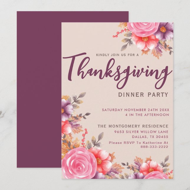 Invitación Fiesta de la cena de la familia de Acción de Graci (Anverso / Reverso)