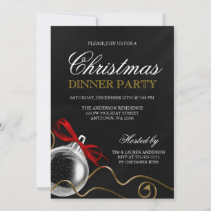 Invitación Fiesta de la cena de Ornamento Rojo Bow de Navidad