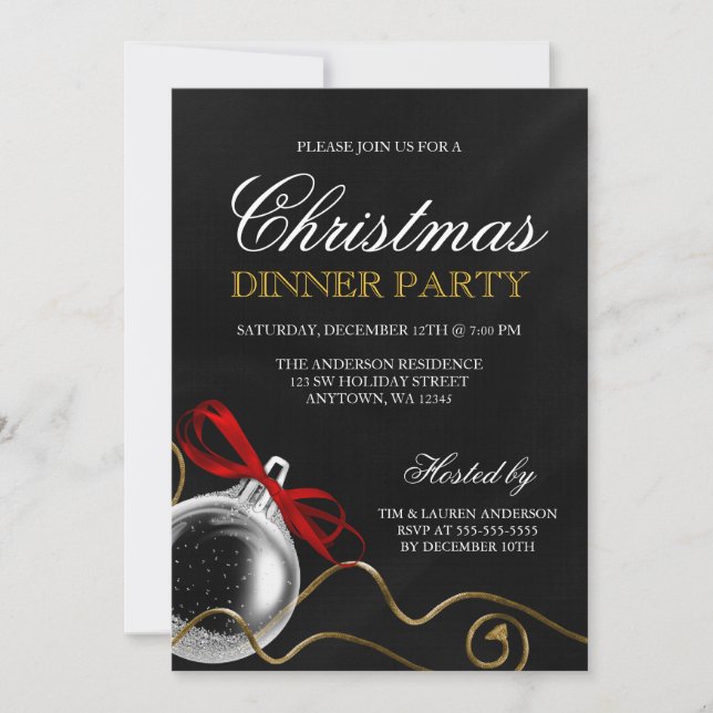 Invitación Fiesta de la cena de Ornamento Rojo Bow de Navidad (Anverso)