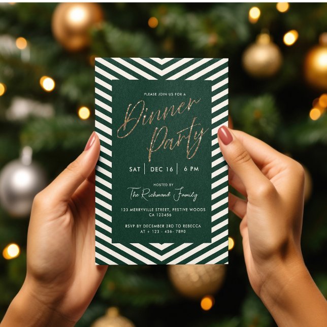 Invitación Fiesta de la cena de oro moderno y vacaciones verd (Modern Gold and Green Christmas or Birthday dinner party invitation)