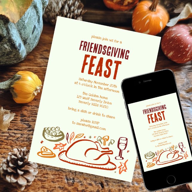 Invitación Fiesta de la cena de Thimsical Thankending Friends (Whimsical Thanksgiving Friendsgiving Dinner Party Invitation Digital Download evite)