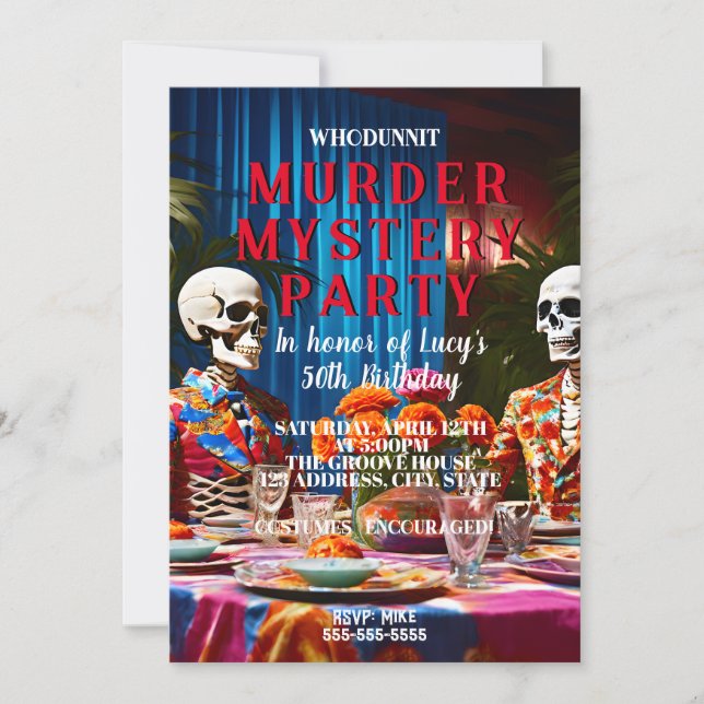 Invitación fiesta de la cena estilo de los años 60 del mister (Anverso)