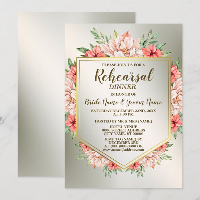 Invitación Fiesta de la cena Naranja de la comida Floral Gold (Anverso / Reverso)