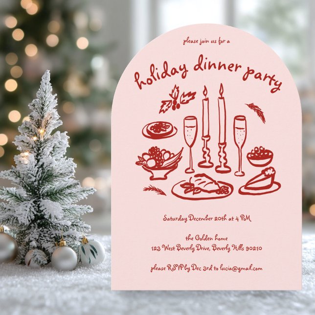 Invitación Fiesta de la cena navideña con canto de navidad (Whimsical Girly Holiday Dinner Party Arched Xmas Invitation
)