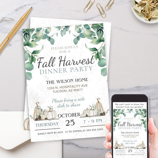 Invitación Fiesta de la cena Rústica de la calabaza de otoño (Elegant Simple Rustic Charm Fall Autumn White Pumpkin Greenery Dinner Party Thanksgiving Invitation)