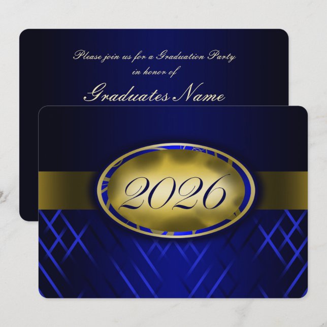 Invitación Fiesta de la Clase de 2026 Azul y Dorado (Anverso / Reverso)