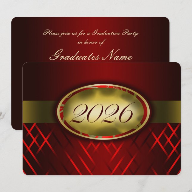 Invitación Fiesta de la Clase de 2026 de Rojo y Dorado (Anverso / Reverso)
