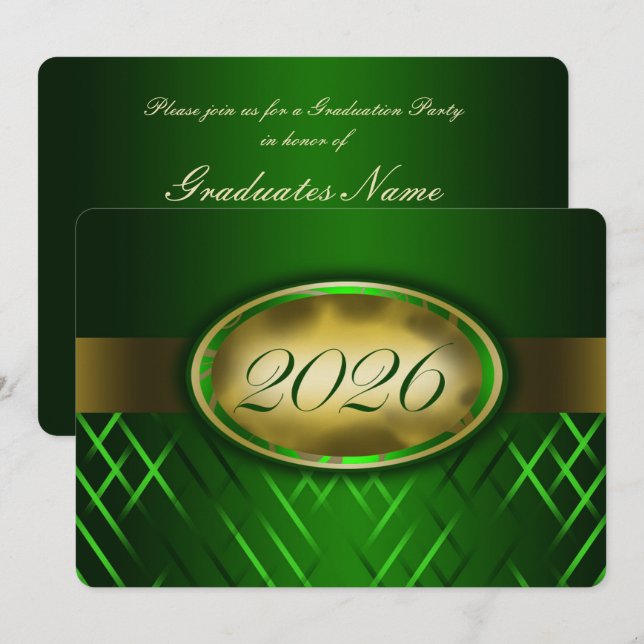Invitación Fiesta de la Clase de 2026 Verde y Dorada (Anverso / Reverso)