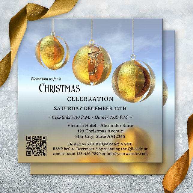 Invitación Fiesta de la compañía de Navidades abstractos mode (Corporate holiday party invitation featuring artistic golden Christmas balls + QR code template )