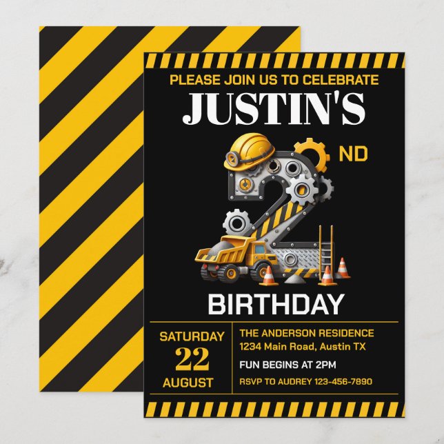 Invitación Fiesta de la construcción de Cute 2º cumpleaños (Anverso / Reverso)