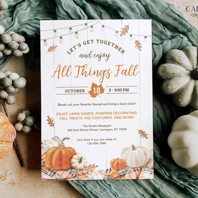 Invitación Fiesta de la cosecha de otoño todas las cosas caen (Fall Party invitation to celebrate All Things Fall with pumpkins, leaves, and cozy flannel)