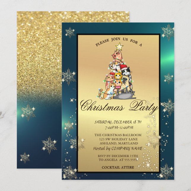 Invitación Fiesta de la empresa Pine Tree,Cats,Snowflakes  (Anverso / Reverso)