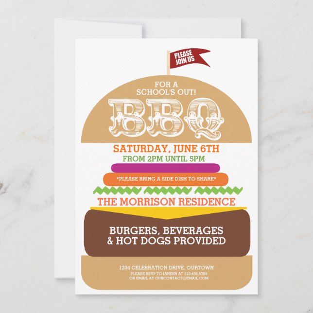 Invitación Fiesta de la escuela fuera de la barbacoa (Anverso)