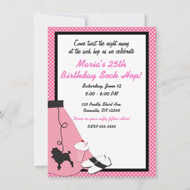 Invitación fiesta de la falda de los 50's quinientos Sock Hop (Anverso)