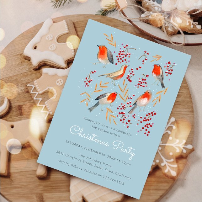Invitación Fiesta de la familia de Navidades Cute Bird Red Ro (Cute Bird Red Robin Blue Christmas Family Party Invitation)