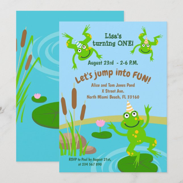 Invitación Fiesta de la familia de ranas bebé de primer año d (Anverso / Reverso)