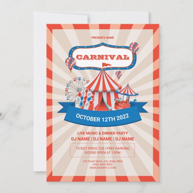 Invitación Fiesta de la Feria de Diversión del Carnaval (Anverso)