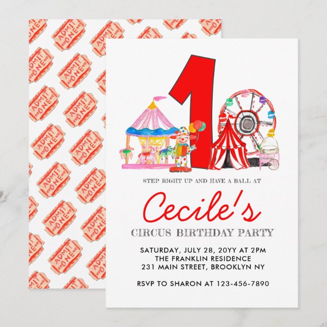 Invitación Fiesta de la Feria del Circo de Carnaval Primer Cu (Anverso / Reverso)