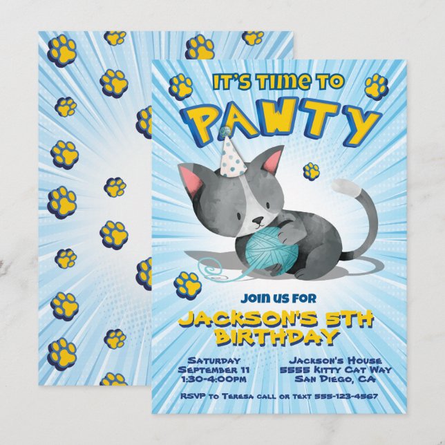 Invitación Fiesta de la fiesta de cumpleaños de Boy Kitty Cat (Anverso / Reverso)