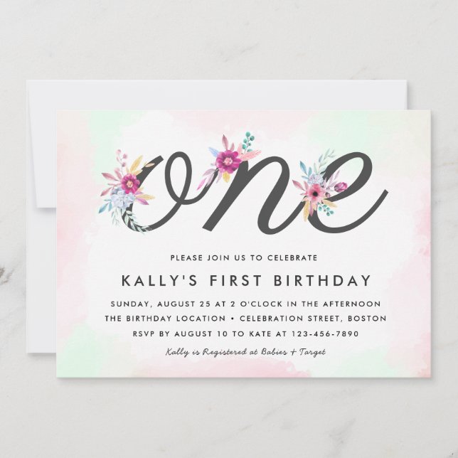Invitación Fiesta de la floral del primer cumpleaños | Primer (Anverso)
