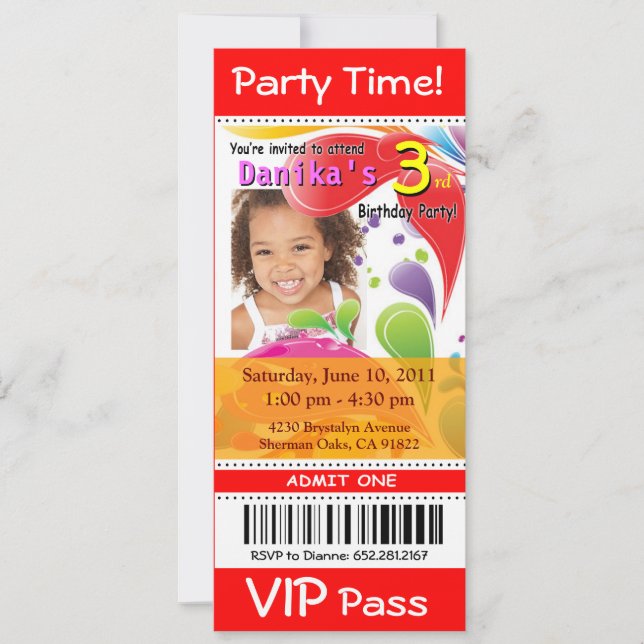 Invitación Fiesta de la foto del boleto del VIP de los niños (Anverso)