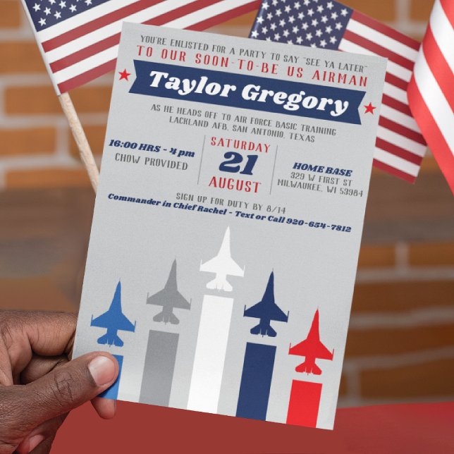 Invitación Fiesta de la Fuerza Aérea de Avión de Combate Mili (Military Fighter Jet flight formation Air Force Going Away Farewell Party Invitation, USA Flag, F-16)