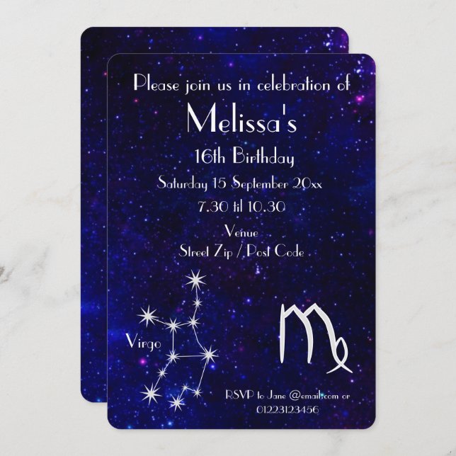 Invitación Fiesta de la Galaxia Virgo del Zodiaco Personaliza (Anverso / Reverso)