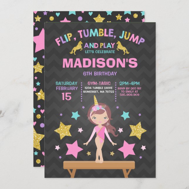 Invitación Fiesta de la gimnasia del unicornio de la (Anverso / Reverso)