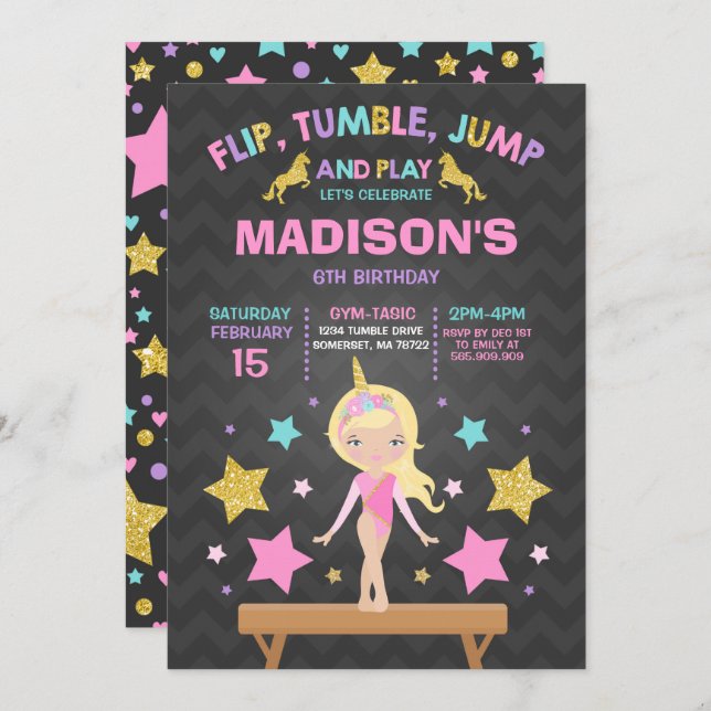 Invitación Fiesta de la gimnasia del unicornio de la (Anverso / Reverso)