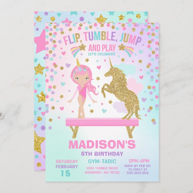 Invitación Fiesta de la gimnasia del unicornio de la (Anverso / Reverso)