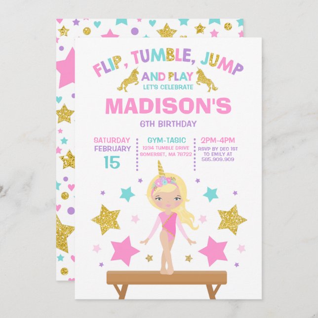 Invitación Fiesta de la gimnasia del unicornio de la (Anverso / Reverso)