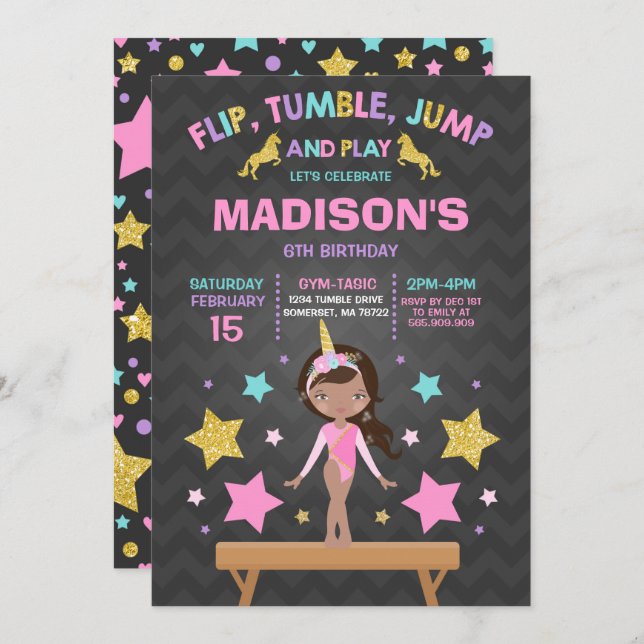 Invitación Fiesta de la gimnasia del unicornio de la (Anverso / Reverso)