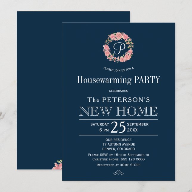 Invitación Fiesta de la guirnalda rosada monogramada para el  (Anverso / Reverso)