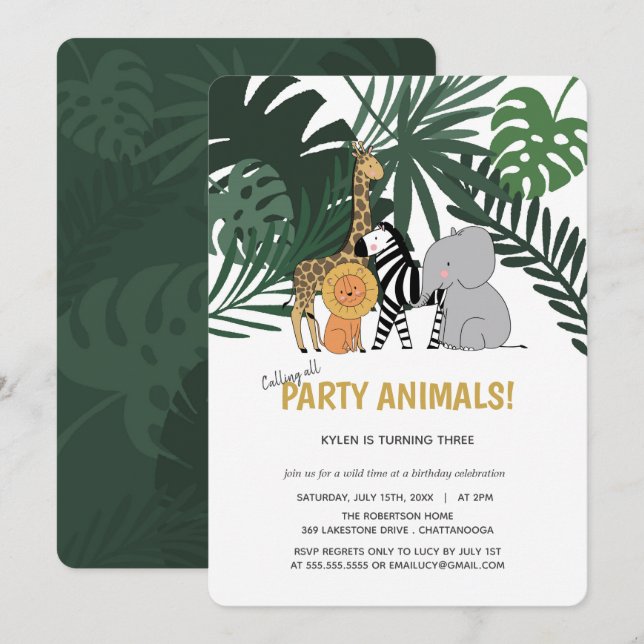 Invitación Fiesta de la jungla Animales Safari Niños cumpleañ (Anverso / Reverso)