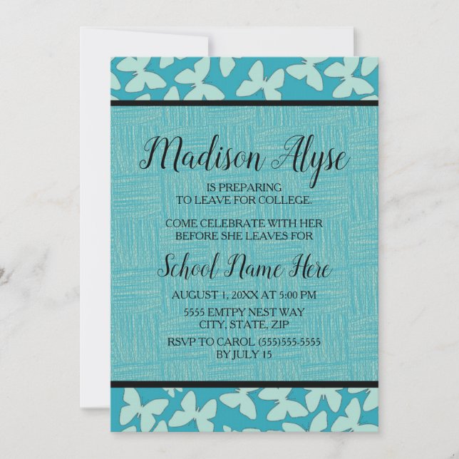 Invitación Fiesta de la maleta de mariposas azules lindas (Anverso)