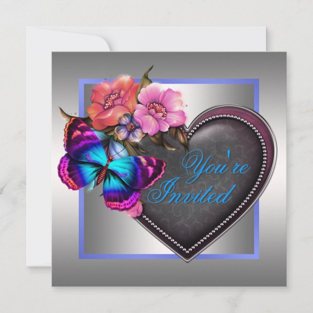 Invitación Fiesta de la Mariposa Rosa Plateado Púrpura (Anverso)