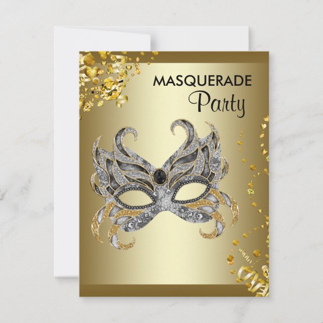 Invitación Fiesta de la Mascara de Confetti Plata y Oro Masca (Anverso)