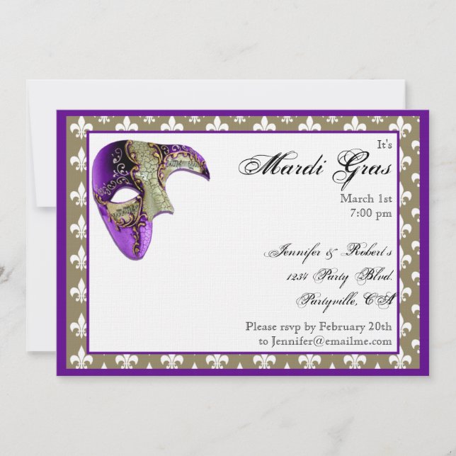 Invitación Fiesta de la Máscara de Lis Mardi Gras (Anverso)
