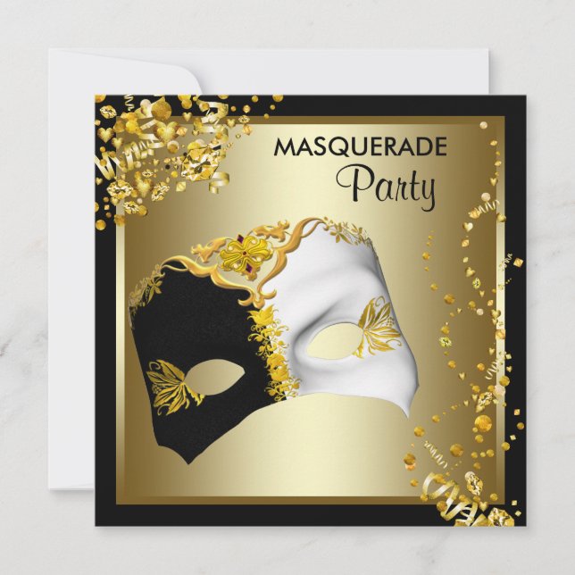 Invitación Fiesta de la Mascara de Oro Negro de Confetti (Anverso)