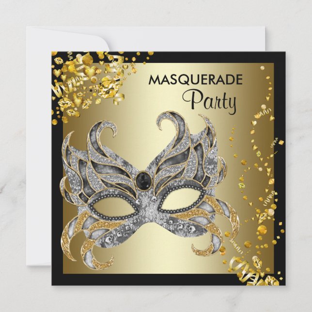 Invitación Fiesta de la Mascara de Oro Negro de Confetti (Anverso)