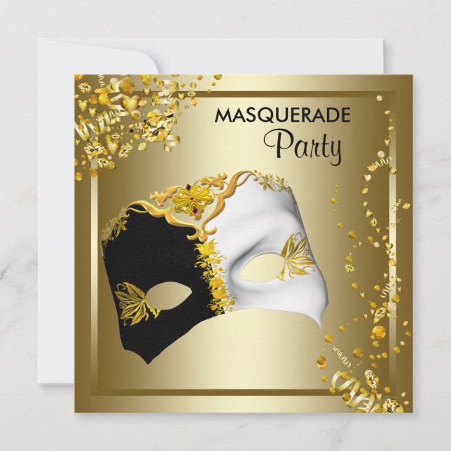 Invitación Fiesta de la Mascara de Oro Negro de Confetti (Anverso)