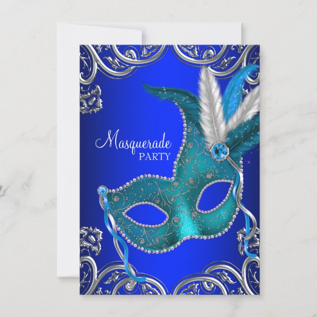 Invitación Fiesta de la Mascarada Azul Azul Real y Verde azul (Anverso)